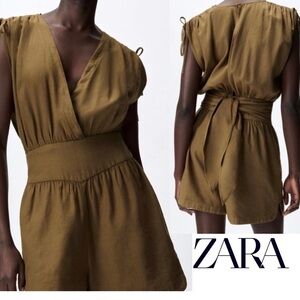Zara New Linen Blend Short Jumpsuit Romper with Waist Tie